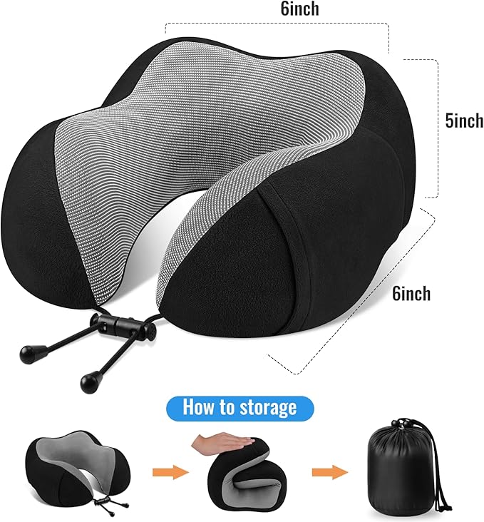 CloudBliss Travel Pillow Premium Memory Foam, Comfortable & Supportive Neck Pillow, Neck Pillows for Sleeping Travel, Airplane Pillow for Sleeping Airplane, Car, Office and Home（Black & Black）