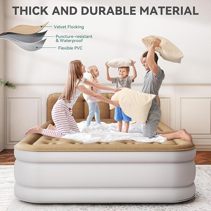 YITAHOME 18'' Flocked Top Queen Air Mattress with Built-in Pump and Headboard, Durable Inflatable Bed, Blow-Up Mattress for Indoor and Outdoor Use, Brown