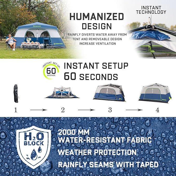 4/6/8/10 Person Instant Tent, Waterproof Pop Up Tents for Camping with Rainfly, 60 Seconds Easy Setup, Automatic Cabin Tent for Family Camping with Expandable Carry Bag & Upgraded Ventilation