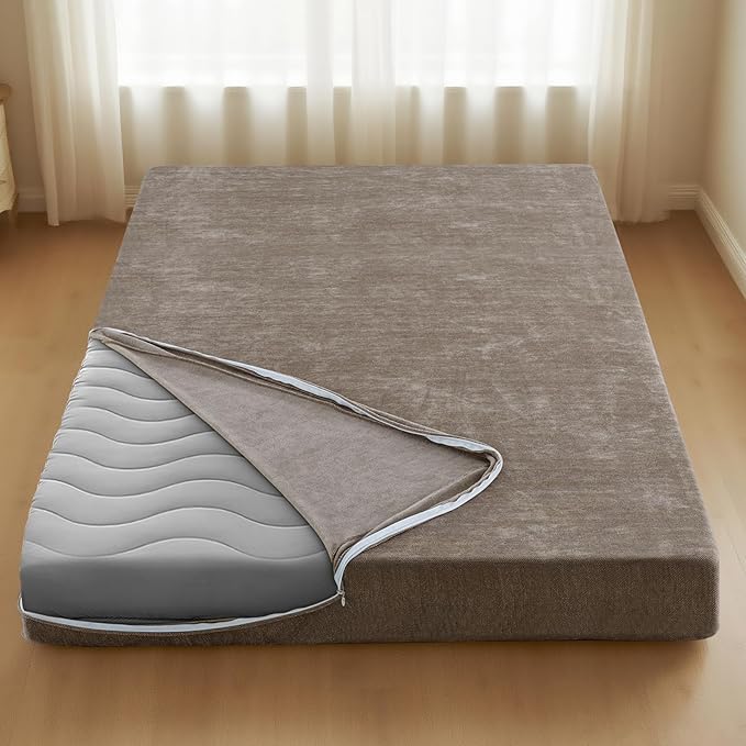 H.VERSAILTEX Full Size Armless Futon Mattress Covers for Traditional Japanese Futon Mattress Soft Mixed-Color Chenille Couch Slipcovers Floor Mats Sofa Protector Zippered Sleeper Sofa Cover,Taupe