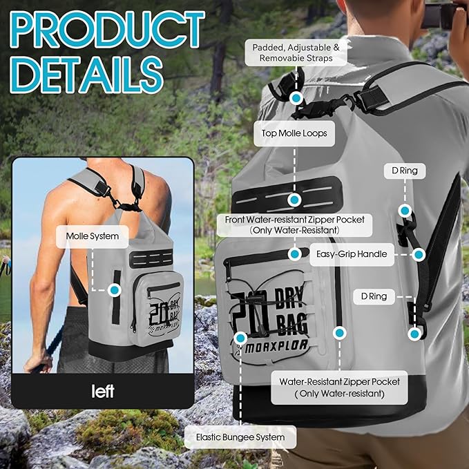 Dry Bag Waterproof,5L/10L/20L/30L Roll Top Dry Bag Backpack with WaterProof Phone Case for Swim,Kayak(Light Grey 20L)