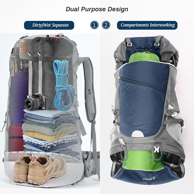 HOMIEE 50L Hiking Backpack Travel Bag Waterproof Camping Rucksack with Rain Cover Lightweight Backpacking Backpack