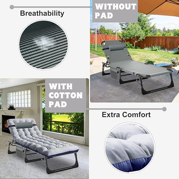 ABORON 5 Positions Camping Cots for Adults,Outdoor Folding Sleeping Cot/Mat,Folding Chaise Lounge Chair with Pillow,Portable Reclining Chair for Beach Lawn Camping Pool,Sunbathing Chairs
