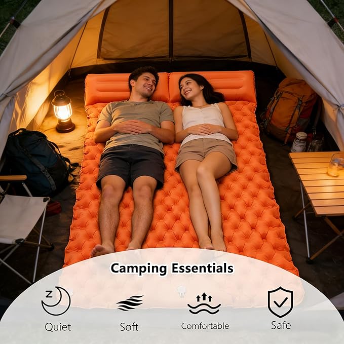 SNZ Camping Sleeping Pad, Ultralight Camping Mat with Pillow, Built-in Foot Pump Inflatable Sleeping Pads Compact for Backpacking, Tent, Travel, Outdoor Activities (Double)