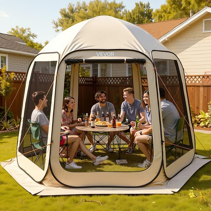 VEVOR Pop up Screen House Tent, 10 x 9.2 ft, 4-8 Person Screen Gazebo, Portable Screened in Canopy with Carry Bag, Netting Sides, Ground Stakes, for Garden, Patio, Backyard, Outdoor Activities, Beige