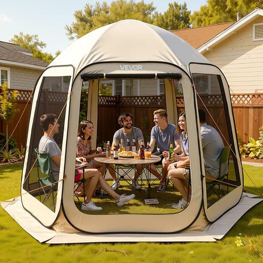 VEVOR Pop up Screen House Tent, 10 x 9.2 ft, 4-8 Person Screen Gazebo, Portable Screened in Canopy with Carry Bag, Netting Sides, Ground Stakes, for Garden, Patio, Backyard, Outdoor Activities, Beige