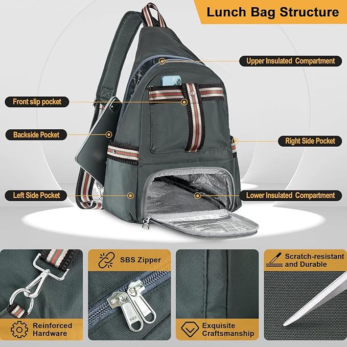 Crossbody Lunch Backpack, Double Deck Insulated Lunch Box for Men Women Adult, Leakproof Lunchbox with Side Pokets for iPad, Large Cooler Bag for Work Office Hiking Beach Picnic, Grey-Pro