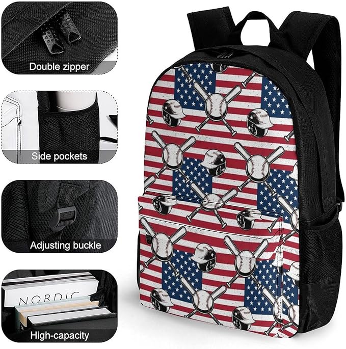 Daypack Backpack Anti-Theft Multipurpose Large Capacity Carry On Bag, Vintage Baseball American Flag Traveling Camping Backpack With Side Pockets