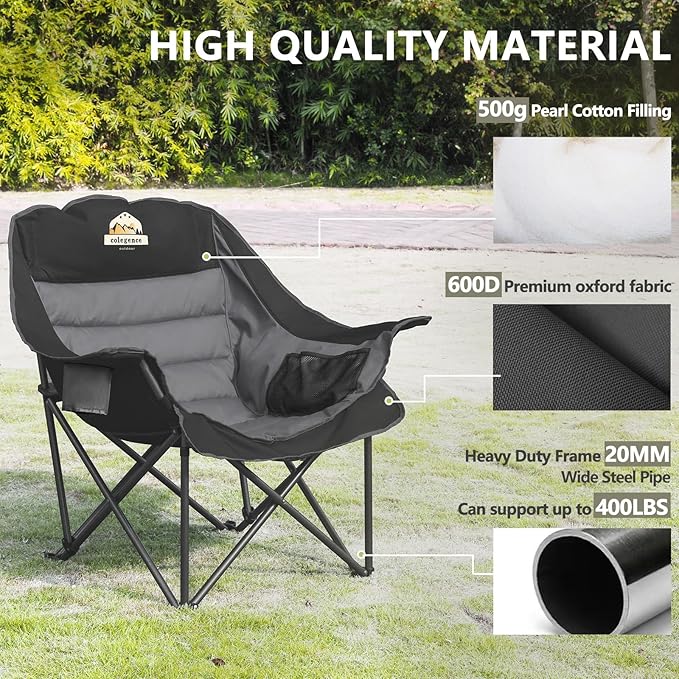 Oversized XL Padded Camping Chair Set of 2 Wide Heavy Duty Lawn Chairs Support 450 LBS Portable Folding Gaint Camp Chair for Outdoor Outside Sports Baseball Soccer-Black and Grey