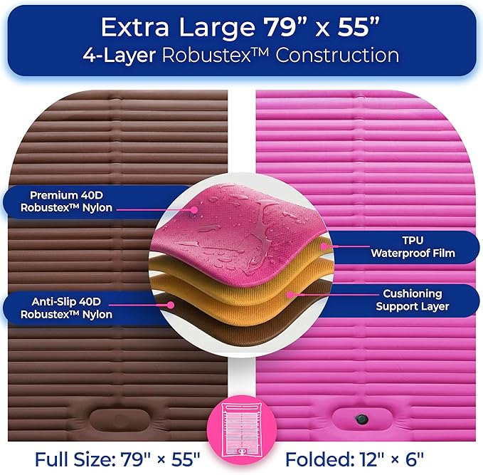 Premium Double Sleeping Pad for Camping - Camping Mattress 2 Person XL with Built-in Pump - 6.9" Thick Camping Beds for Adults - Indoor, Beach & Pool Use