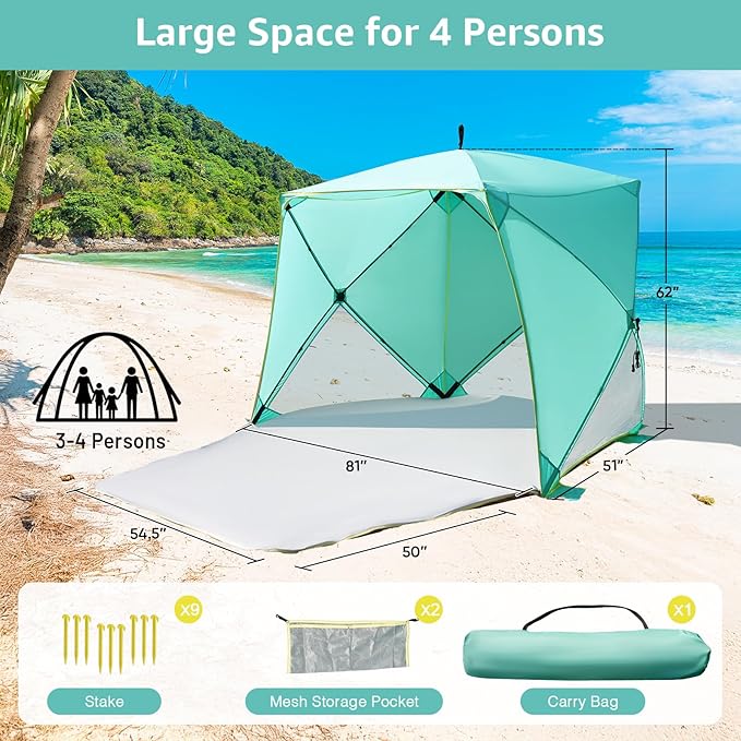 Old Bahama Bay Pop Up Beach Tent, Portable Shade Sun Shelter UPF50+ UV Protection for 4 Person Extendable Floor for Fishing Hiking Camping, Waterproof Windproof（Mint Green
