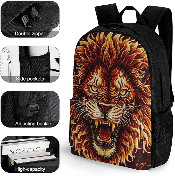 Polyester Daypack Bookbag for Gym Business Bicycle, Large Capacity Multipurpose Anti-Theft Carry On Bag, Fierce Wild Animal Angry Fire Travel Hiking Daypack
