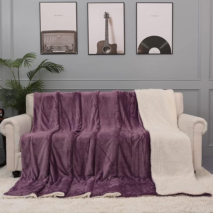 NANPIPER King Size Sherpa Blanket, Soft Fleece Throw for Bed, Reversible Thick Fuzzy Blanket for Winter (Cassis Purple, 90x108 inches)