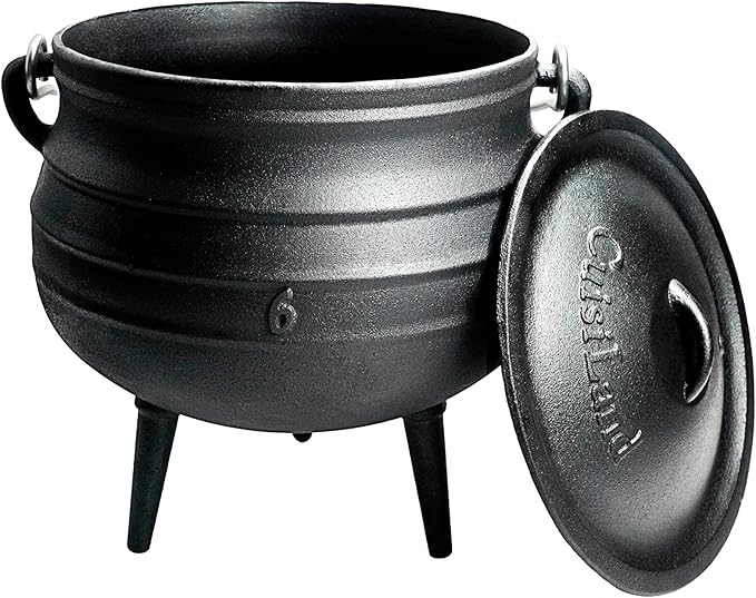 Cuisiland 14QT Cast Iron Potjie Cauldron Pot with Lid & 3 Legs – Pre-Seasoned South African-Style Campfire Pot for Outdoor Cooking, Soups, Stews & Braising – Heavy-Duty Cast Iron Dutch Oven