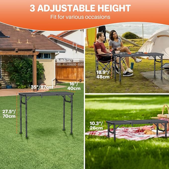 FUNYKICH 3ft Folding Grill Table for Outside 34.2''x15.7'', 3 Height Adjustable Portable Camping Tables, Lightweight Metal Aluminum Outdoor Table with Carry Handle for Camping, Picnic, BBQ, Black