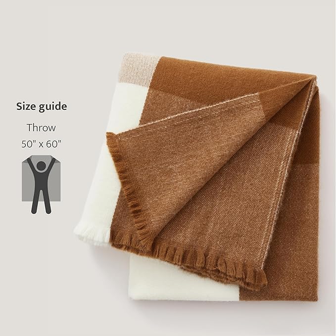 Double Stitch Alpaca Wool Throw Blanket - Warm, Soft Blanket for Couch, Luxury & Decorative Fleece Throw, Fall Plaid, Gift for Mother's Day, House Warming, 50" x 60", Harvest Brown & Cream