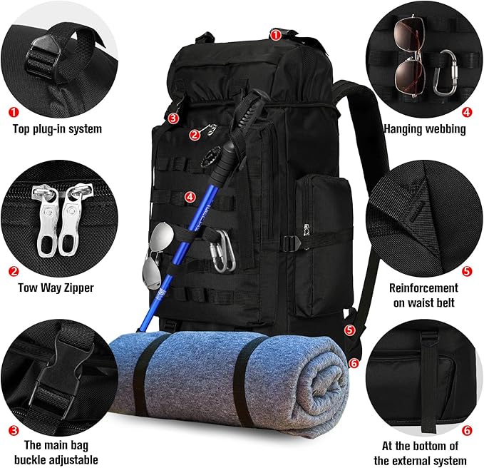 70L/100L Large Camping Hiking Backpack with Rain Cover, Waterproof Molle Rucksack Military Tactical Backpack, Lightweight Backpacking Daypack for Trekking Climbing Outdoor