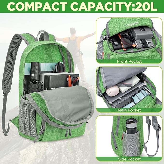ZOMAKE Ultra Lightweight Packable Backpack 20L,Small Foldable Backpacks Hiking Water Resistant Collapsible Daypack for Women Men(Dark Green-C2)