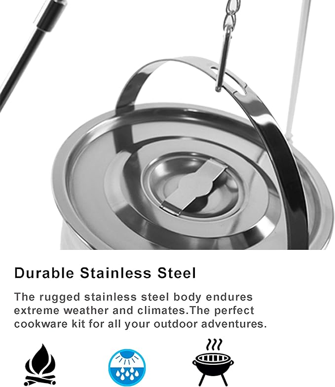 Camping Cookware Set - Compact Stainless Steel Campfire Cooking Pots and Pans | Combo Kit with Travel Tote Bag | Rugged Outdoor Cook Set for Hiking | Barbecues | Beach