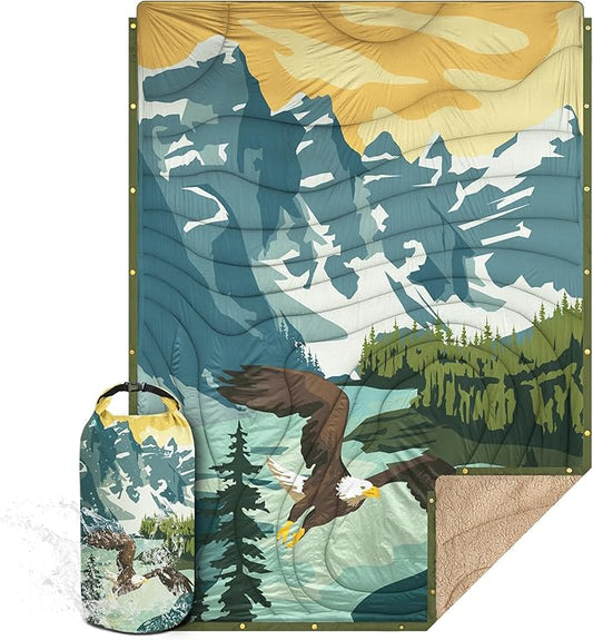 Outdoor Camping Blanket with Sherpa Lining, Extra Warm Thick Camp Blankets and Puffy Ultralight Soft Poncho DWR Camping Quilt for Cold Weather, Adventure, Sleeping, Backpacking 78"x 56"