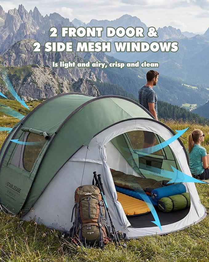 4 Person Instant Pop Up Tent, Automatic Waterproof Windproof Camping Tent with 2 Doors for Outdoor Hiking, Beach & Travel, Portable Family Tent with Carry Bag for Easy Setup