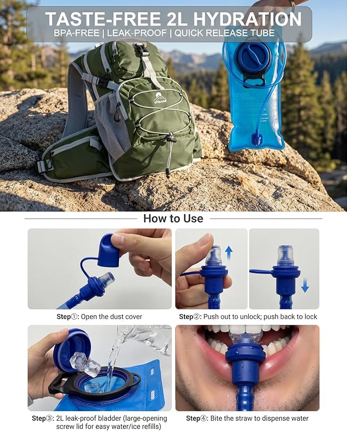 Hydration Backpack with 2L Bladder – Thermal Insulated Water Pack for Hiking, Skiing, Running – Lightweight Daypack for Men & Women, Soft-Lined Sunglasses Pocket & Large Waist Pockets