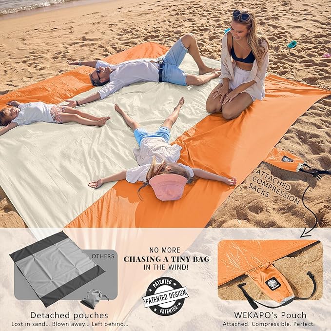 WEKAPO Beach Blanket Sandproof Waterproof, Extra Large Beach Mat, Oversized & Compact Sand Free Mat Quick Drying, Lightweight & Durable with Stakes & Corner Pockets