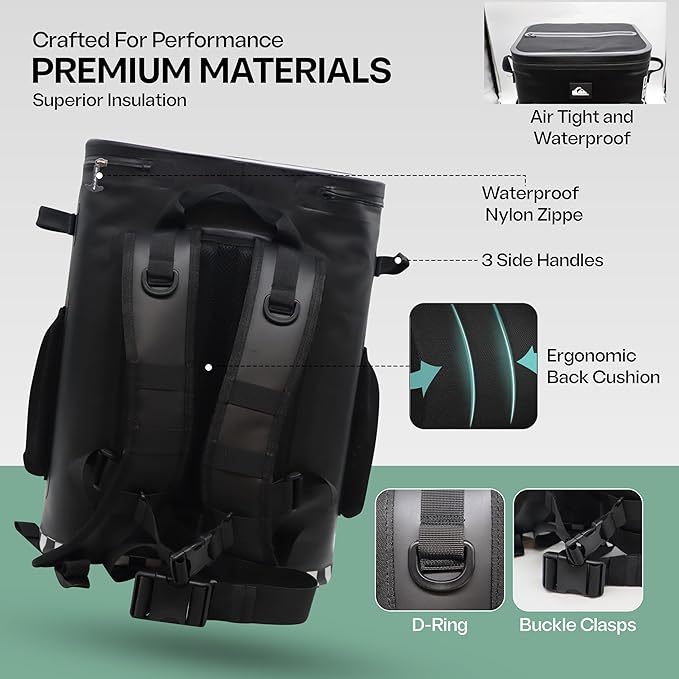 Quiksilver Welded Bungee Backpack Cooler, 30L/36 Cans, 48-72 Hours Insulation, Leakproof & Waterproof IPX7 Rated, Heavy-Duty 600D TPU, Adjustable Straps