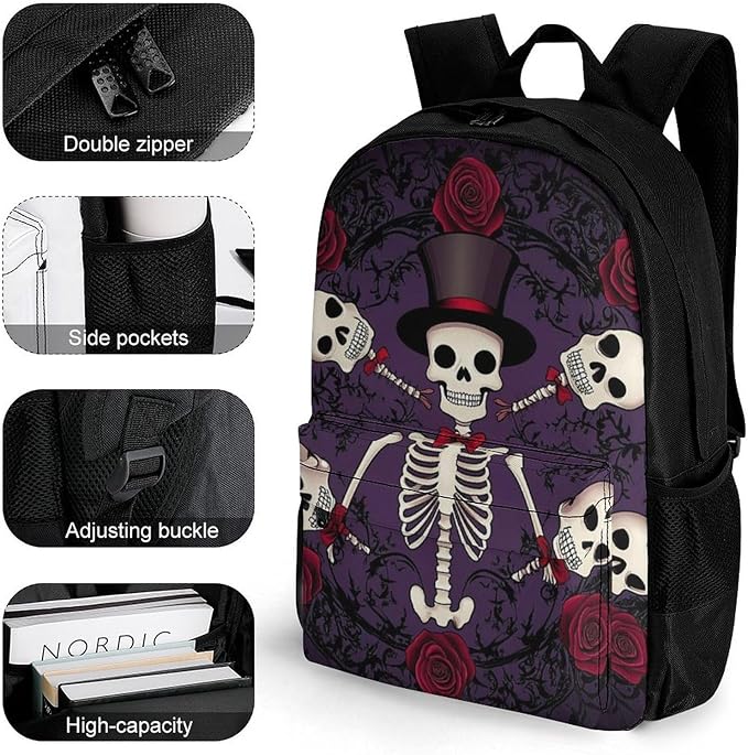 Supdreamc Men Women Polyester Day Of The Dead Red Rose Magic Hat Skeleton Sugar Skulls Daypack Backpack Large Capacity Carry On Bag With Smooth Zippers for Hiking Picnic Walking Cycling