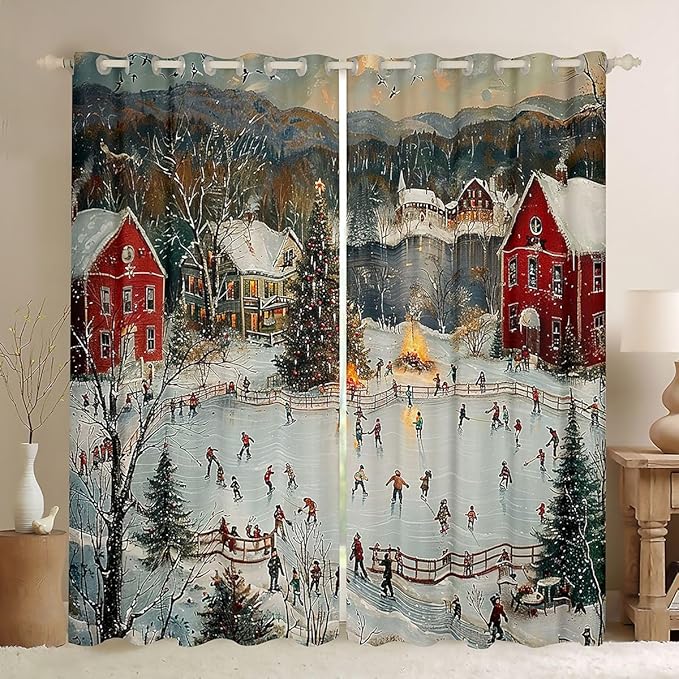 Manfei Skating Blackout Curtains,Winter Sport Game Ice-Skating Window Drapes,Ice Skate Pine Snow Natural Nursery Bedroom Playroom Decor,Green 2 Panels,42Wx63L inch