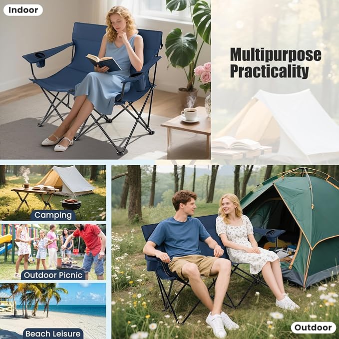 Goplus Double Camping Chair, Oversized Heavy Duty Camping Loveseat for Adults, Portable Folding 2 Person Camping Chair with Cup Holder for Outdoor Lawn Beach Backyard