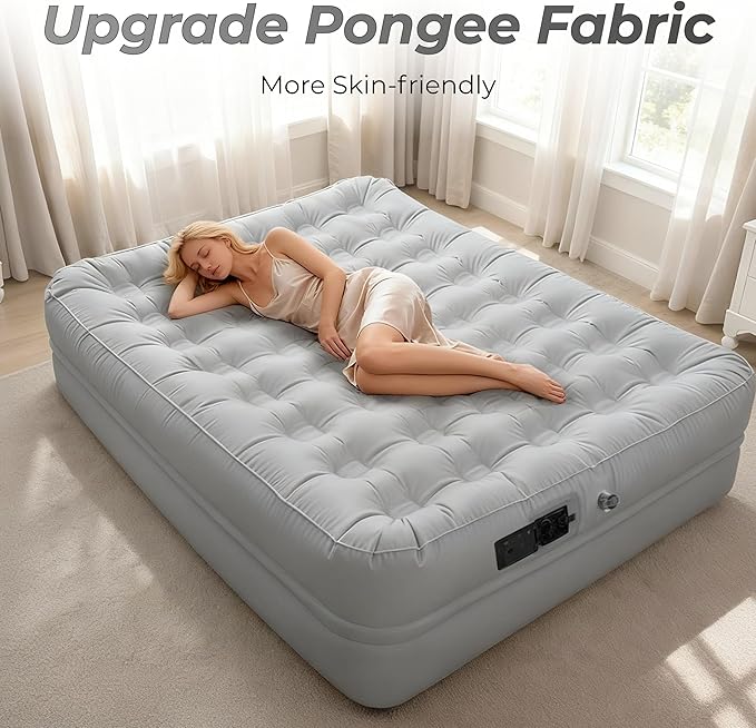 Queen Air Mattress with Built-in Pump - 3 Min Fast Inflation, 18" Portable Foldable Air Bed, 650lbs Capacity w/Rechargeable Battery, Plush Pongee Fabric for Camping & Guest Room (Gray)