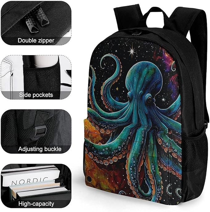 Supdreamc Daypack Backpack Anti-Theft Multipurpose Large Capacity Carry On Bag, Octopus On The Moon Holding Stars Planet Art Traveling Camping Backpack With Side Pockets