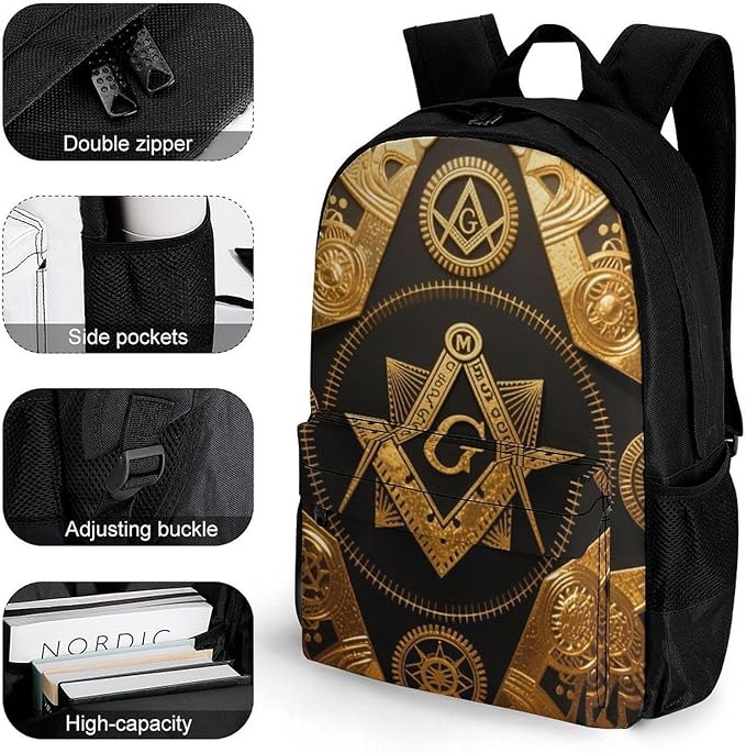 Rucksack Anti-Theft Multipurpose Big Capacity Carry On Bag, Gold Freemason Freemasonry Masonic Art Traveling Camping Backpack With Side Pockets