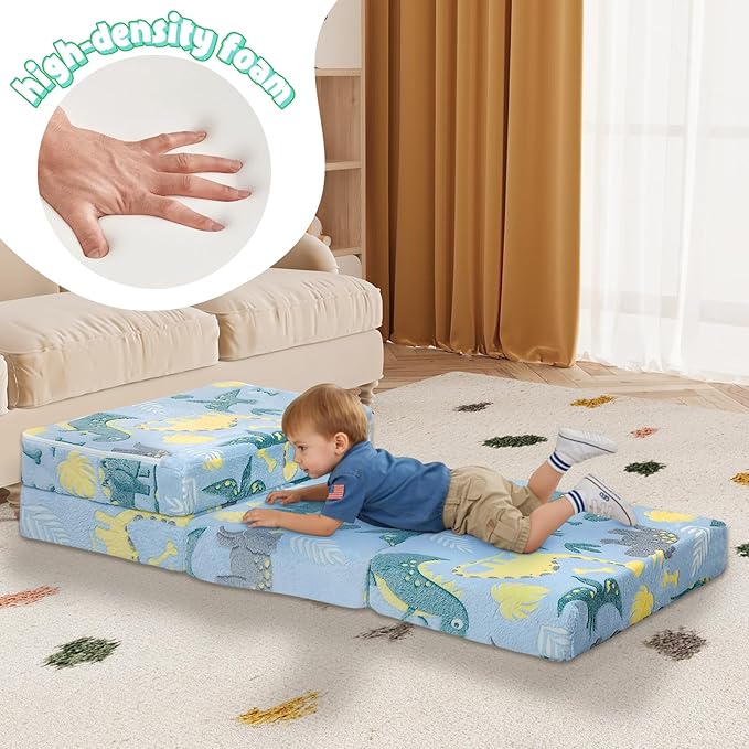 MeMoreCool Foldable Floor Mattress for Kids, Glow Dinosaur Trifold Mat, Kids Folding Mattress Portable Futon, Blue
