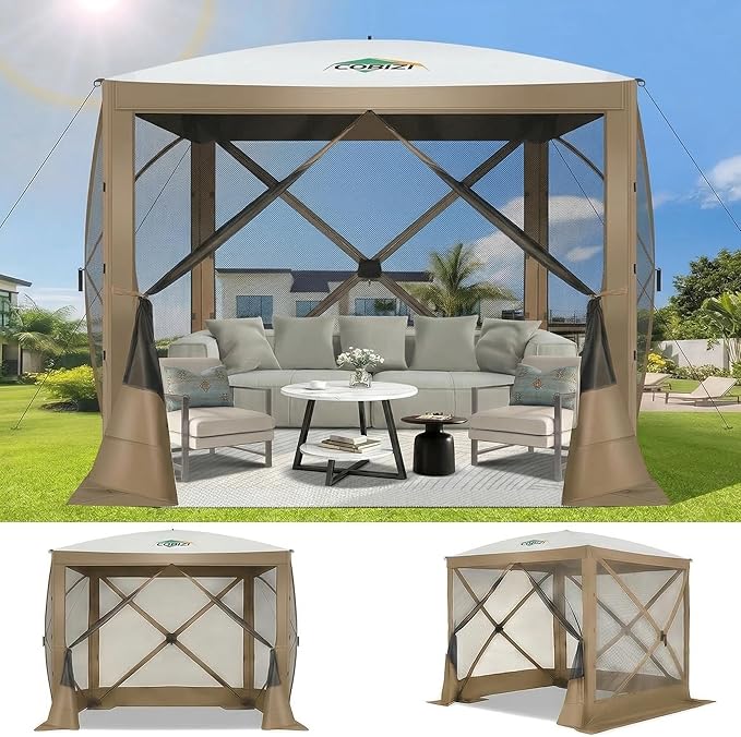 COBIZI Pop Up Gazebo Screen Tent Screen House for Camping, 6FTx6FT Screen Room with Mosquito Netting, Hub Tent Instant Screened Canopy with Carrying Bag and Ground Stakes, Khaki