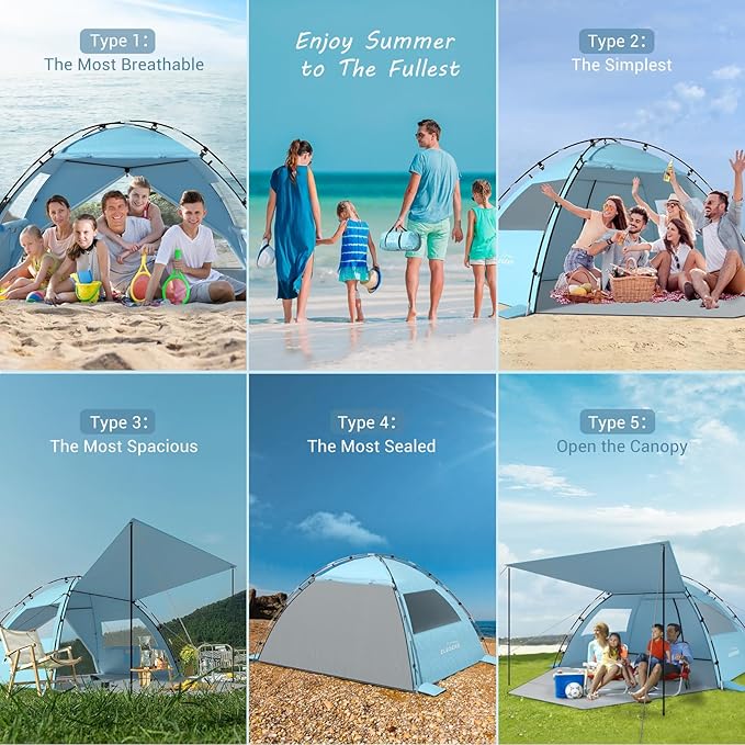 Elegear CumbreX™ Beach Tent Sun Shelter with Canopy, 6-8 Person Beach Tent, Easy Setup UPF 50+ UV Protection Portable Lightweight Double Silver Coating Cabana Sun Shade Shelter - Sky Blue