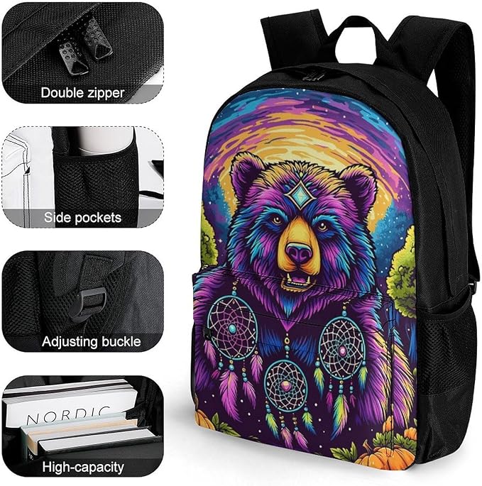Lightweight Rucksacks for Camping Picnic Walking Cycling, Large Capacity Multipurpose Anti-Theft Carry On Bag, Bear Natural Landscape Psychedelic Mysterious Dreamy Art Travel Hiking Camping Rucksack