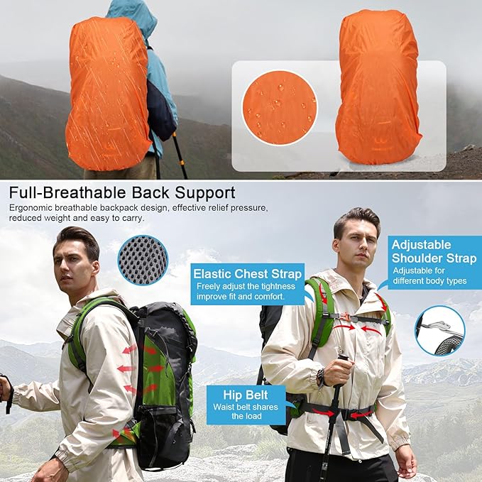 ShowyLive 70L Large Lightweight Waterproof Packable Foldable Travel Camping Hiking Outdoor Sports Backpack Daypack for Men Women, 900D Hiking Bag with Rain Cover, Grass Green