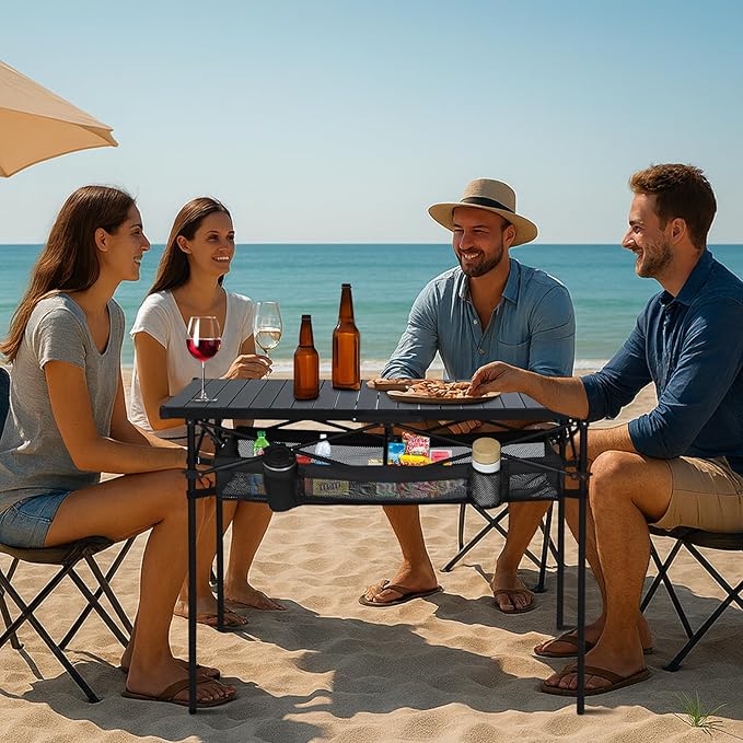 Nice C Portable Folding Camping Table, Aluminum Lightweight Roll-up Top Indoor&Outdoor Table, with Mesh Net, Cup Holder, Carry Bag, Steel Frame, for Camping, Sports, BBQ, Picnic (Black)