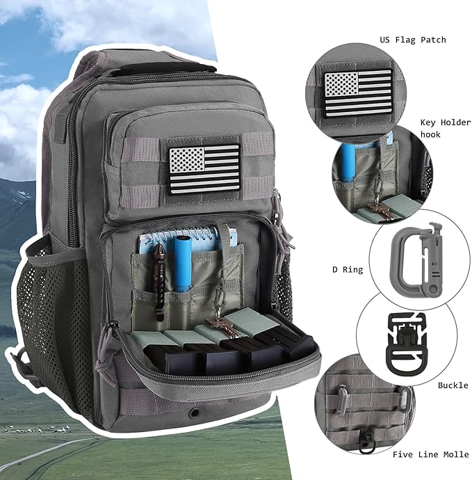 Rover Sling Pack Tactical Shoulder Sling Bag Backpack with Bottle Holder Crossbody Chest Bag, Grey