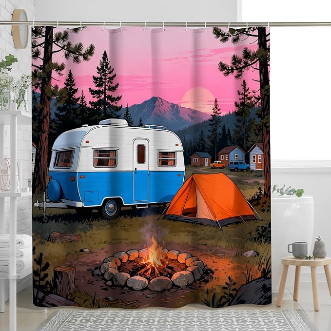 Camping Shower Curtain, Outdoor Adventure Tent Campfire Summer Blue Waterproof Fabric Design Print Bath Curtains for Bathroom Bathtub Apartment Decor 72x84 Inch