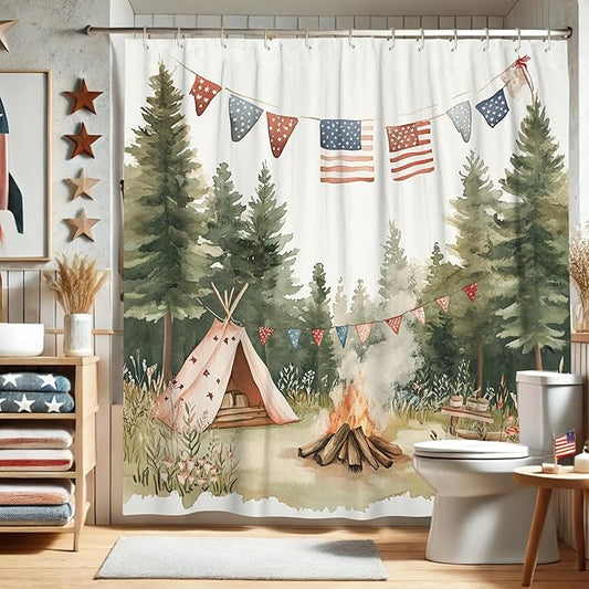 Camping Shower Curtain, Watercolor Peach Tent and Campfire Bath Curtain for Bathroom Decor, Summer Outdoor Rustic Bohemian Waterproof Fabric Shower Curtain Set with Hooks 72x78 Inch