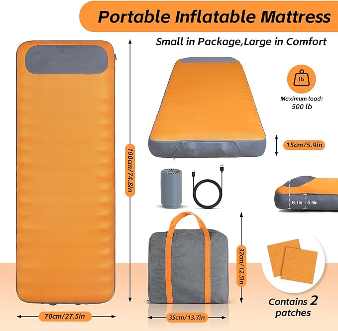 Sleeping Pad, 5.9" Thick Self Inflating Sleeping Pad with Electric Pump,4 Season Camping Mattress Pad with Built-in Pillow, Camping Essentials Gear for Hiking, Backpacking,Tent Use,Camping(Orange)