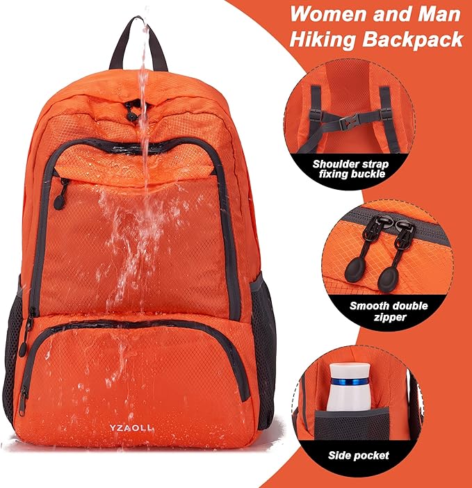 YZAOLL 30L Hiking Backpack Lightweight Day Packs, Packable Backpack for Women Men Travel Camping Vacation,Orange