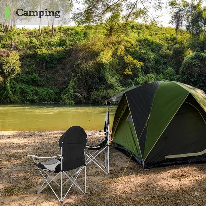 Portable Camping Chair with Back Support, Folding Outdoor Padded Lawn Chair with Cup Holder Storage for Hiking, Lawn, Concert, Fishing, Iron Frame, 600D Fabric