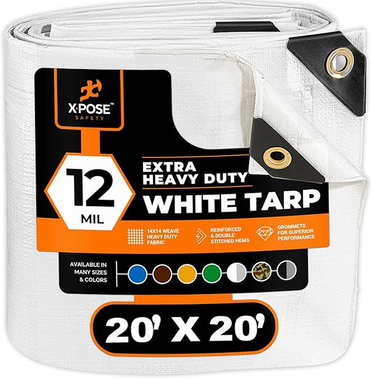 Heavy Duty White Poly Tarp 20' X 20' - Multipurpose Protective Cover - Durable, Waterproof, Weather Proof, Rip and Tear Resistant - Extra Thick 12 Mil Polyethylene - by Xpose Safety