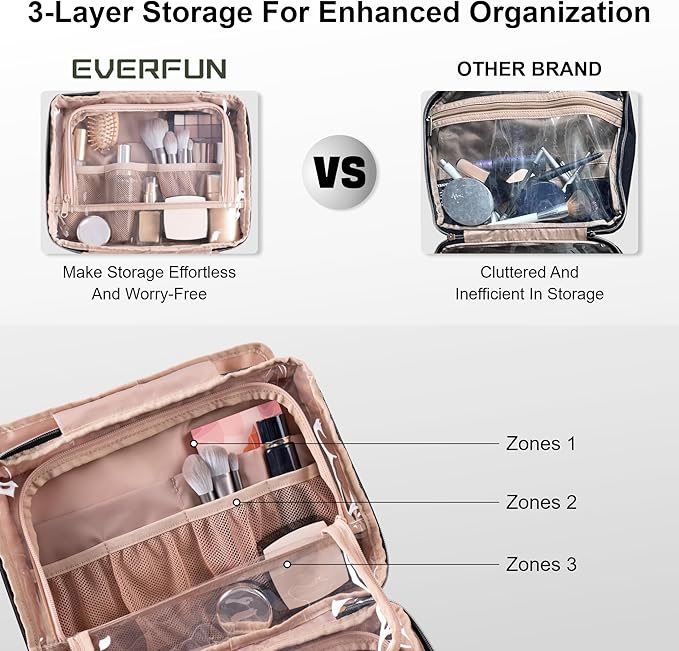 Everfun Hanging Toiletry Bag for Travel, 12x9x4.5 inch Large Capacity Cosmetic Organizer with Leakproof Wet/Dry Compartment, Waterproof Dopp Kit Toiletries Bag for Women Black Leaves