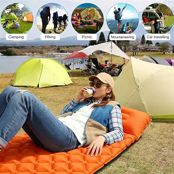 SNZ Camping Sleeping Pad, Ultralight Camping Mat with Pillow, Built-in Foot Pump Inflatable Sleeping Pads Compact for Backpacking, Tent, Travel, Outdoor Activities (Single)
