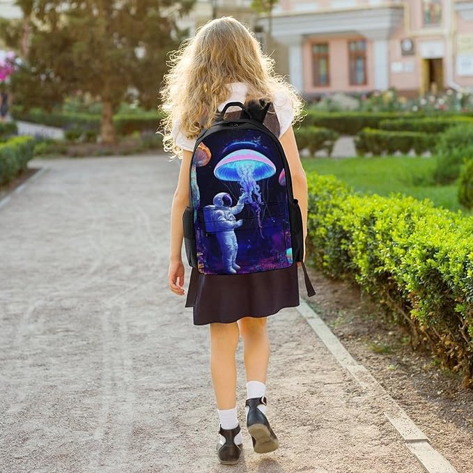 Daypack Backpack Polyester Anti-Theft Multipurpose Underwater Neon Jellyfish Astronauts Mushroom Art Bookbag Big Capacity Travel Hiking Camping Rucksack With Smooth Zippers